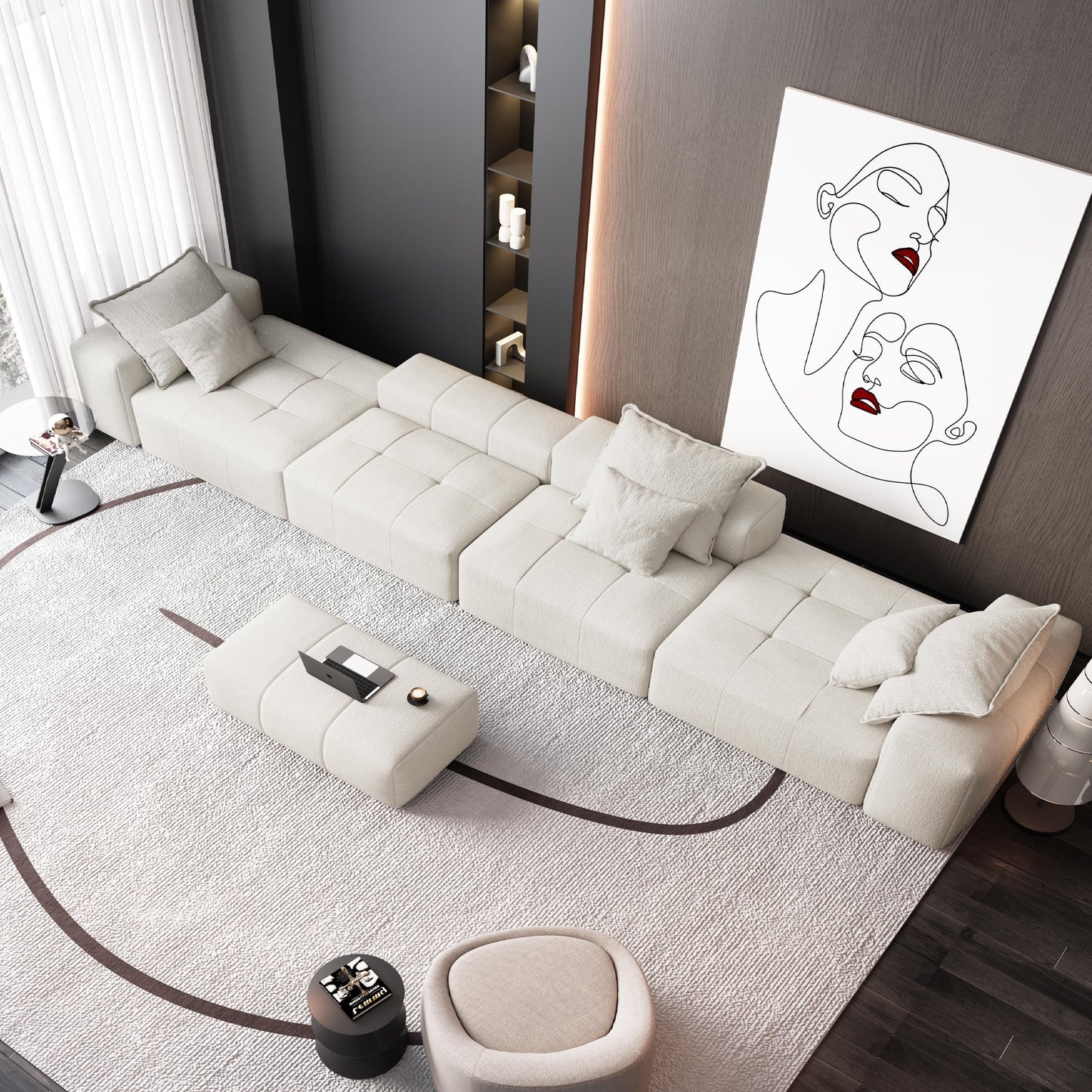 Divano componibile modulare moderno in ciniglia di grandi dimensioni, divano trapuntato con 6 cuscini e pouf per soggiorno