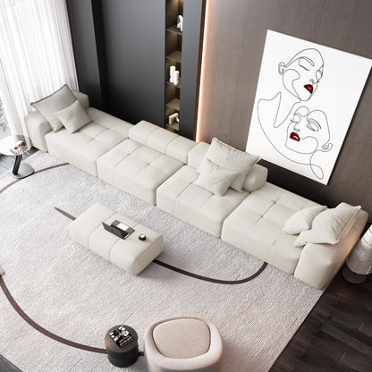 Divano componibile modulare moderno in ciniglia di grandi dimensioni, divano trapuntato con 6 cuscini e pouf per soggiorno