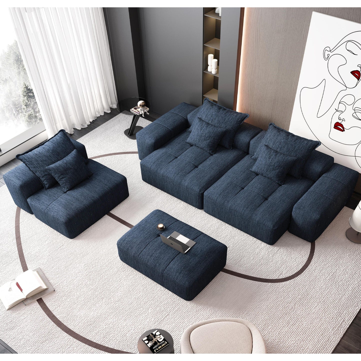 Divano componibile modulare moderno in ciniglia di grandi dimensioni, divano trapuntato con 6 cuscini e pouf per soggiorno