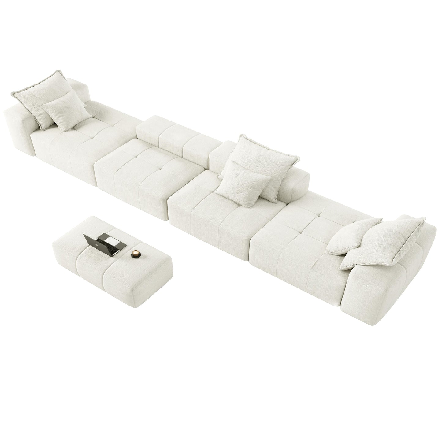 Divano componibile modulare moderno in ciniglia di grandi dimensioni, divano trapuntato con 6 cuscini e pouf per soggiorno