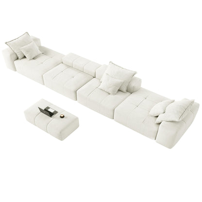 Divano componibile modulare moderno in ciniglia di grandi dimensioni, divano trapuntato con 6 cuscini e pouf per soggiorno