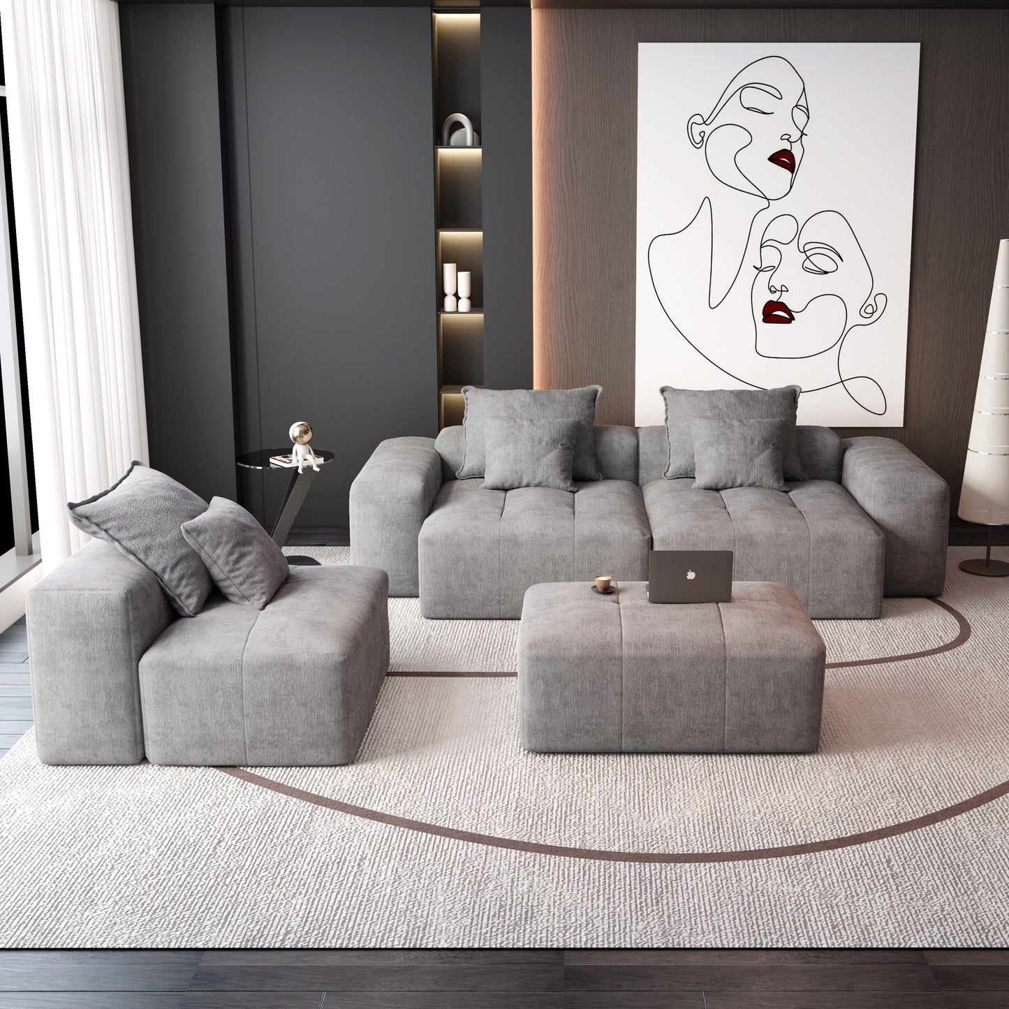 Divano componibile modulare moderno in ciniglia di grandi dimensioni, divano trapuntato con 6 cuscini e pouf per soggiorno