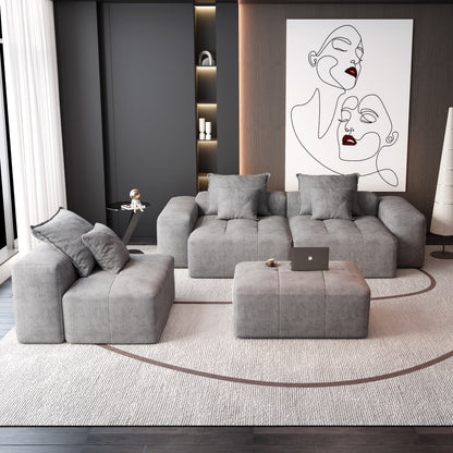 Divano componibile modulare moderno in ciniglia di grandi dimensioni, divano trapuntato con 6 cuscini e pouf per soggiorno