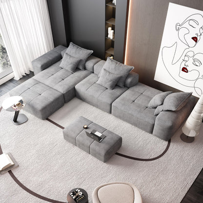 Divano componibile modulare moderno in ciniglia di grandi dimensioni, divano trapuntato con 6 cuscini e pouf per soggiorno