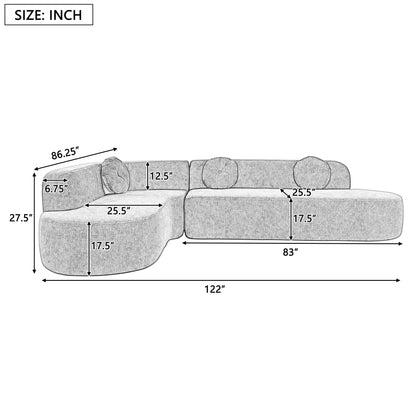 Divano componibile moderno oversize curvo a 4 posti con 3 cuscini rotondi per soggiorno