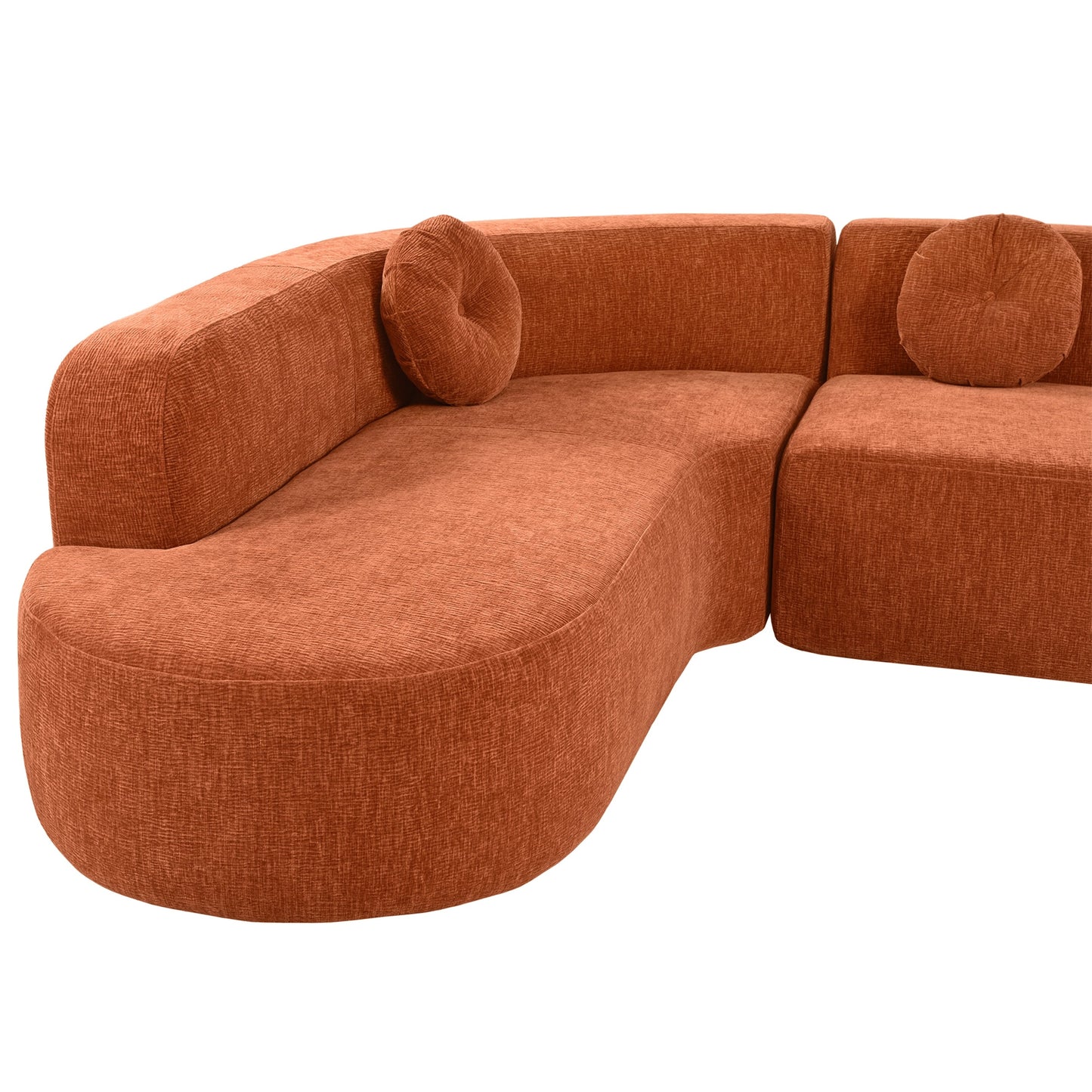 Divano componibile moderno oversize curvo a 4 posti con 3 cuscini rotondi per soggiorno