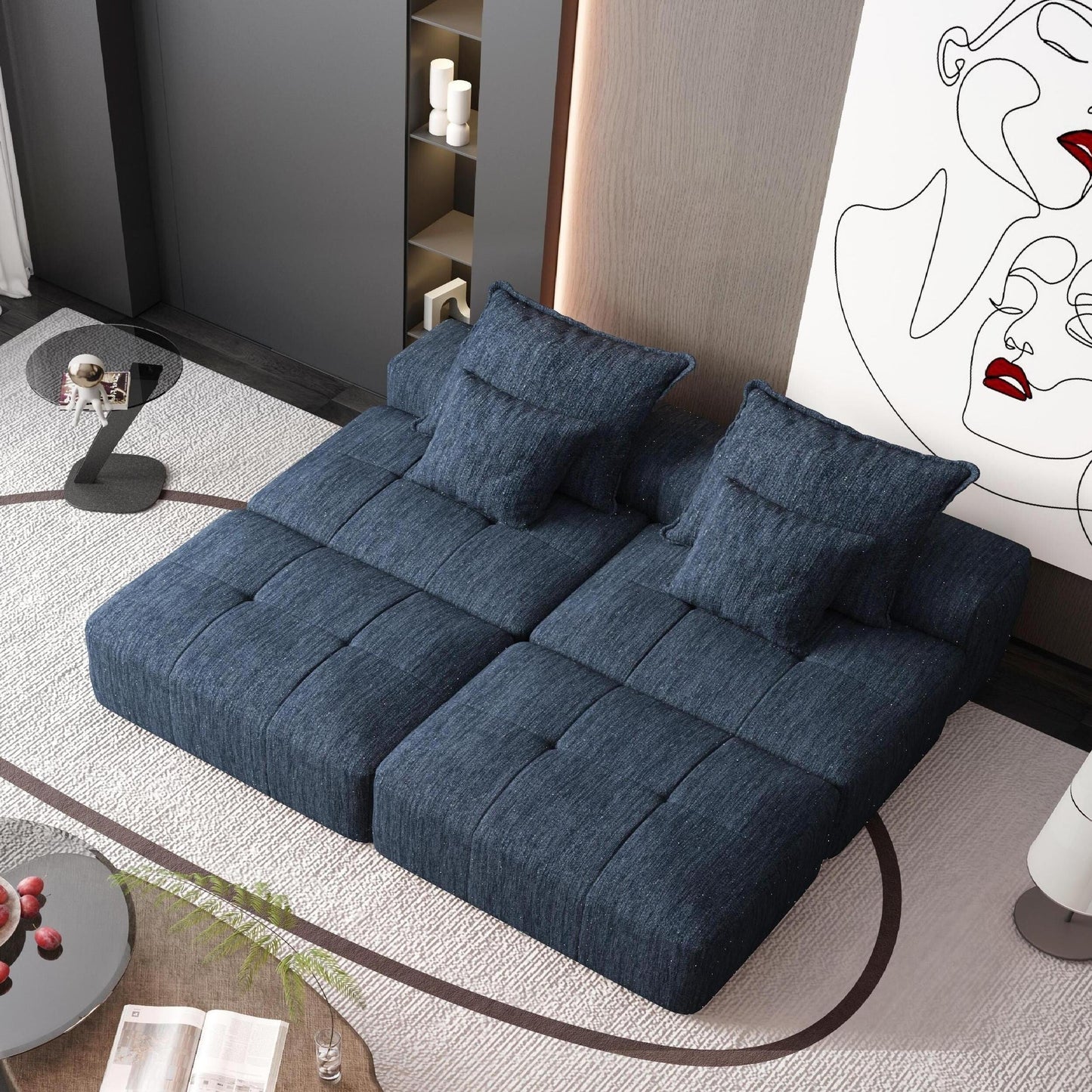 Divano componibile moderno in ciniglia di grandi dimensioni con 2 pouf e 2 posti, 4 cuscini per soggiorno