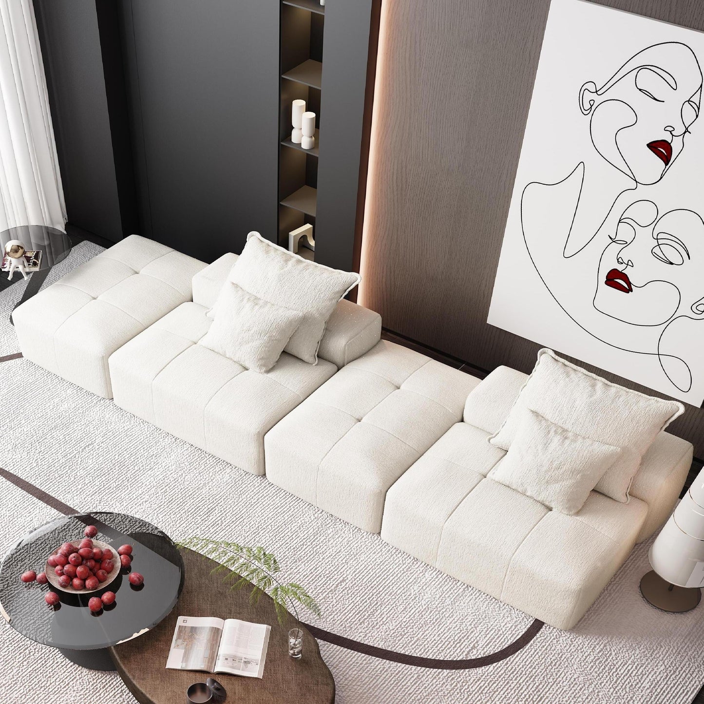 Divano componibile moderno in ciniglia di grandi dimensioni con 2 pouf e 2 posti, 4 cuscini per soggiorno