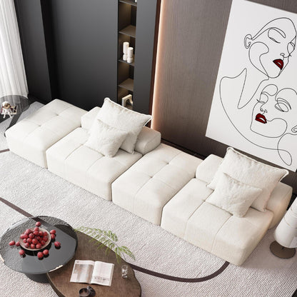 Divano componibile moderno in ciniglia di grandi dimensioni con 2 pouf e 2 posti, 4 cuscini per soggiorno