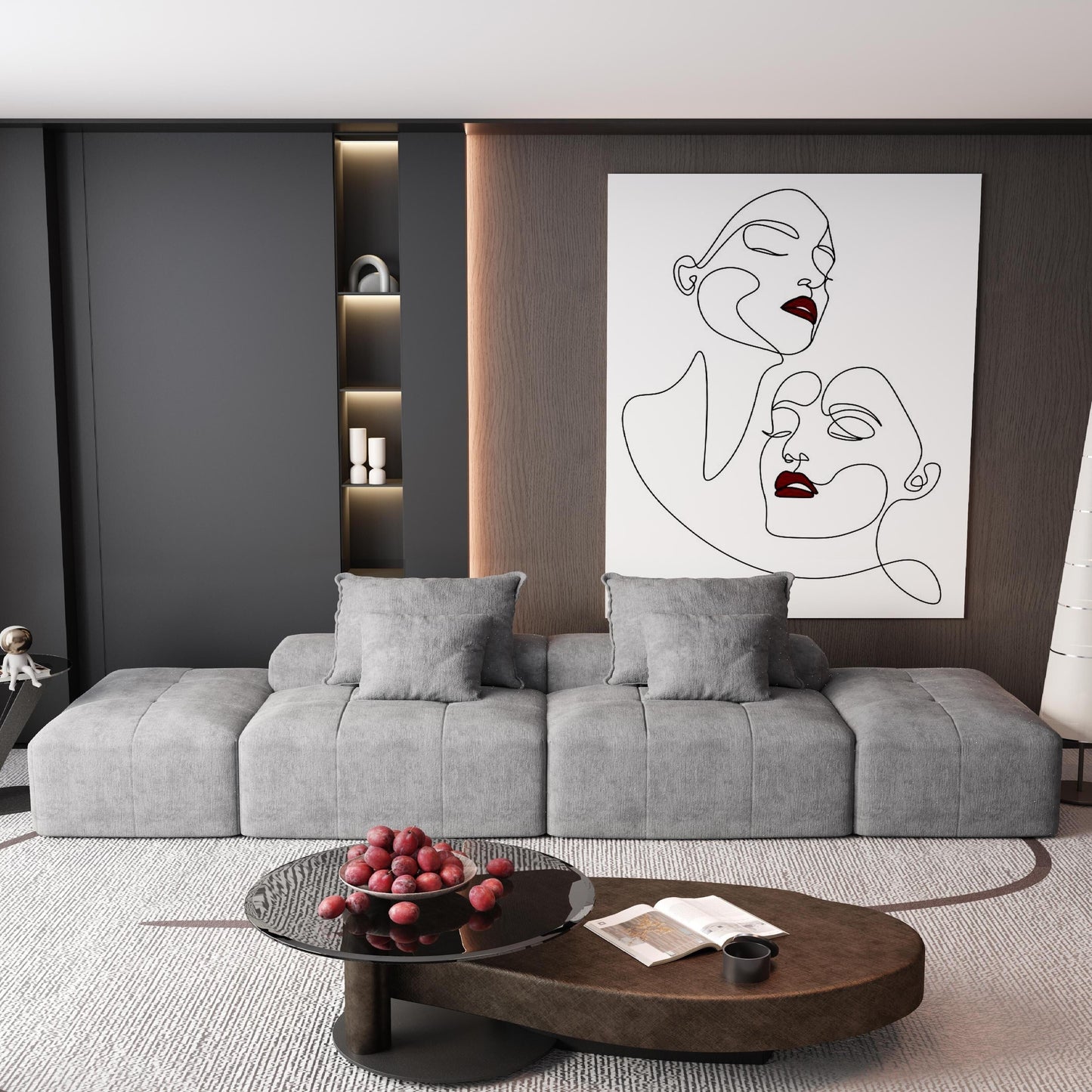 Divano componibile moderno in ciniglia di grandi dimensioni con 2 pouf e 2 posti, 4 cuscini per soggiorno