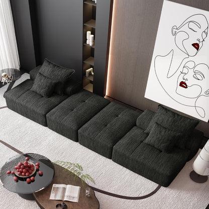 Divano componibile moderno in ciniglia di grandi dimensioni con 2 pouf e 2 posti, 4 cuscini per soggiorno