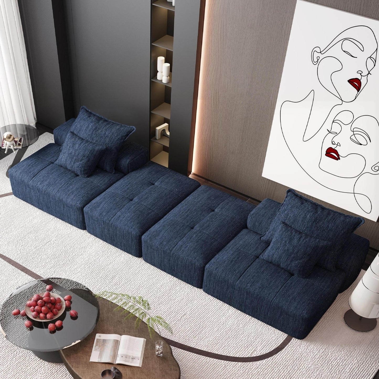 Divano componibile moderno in ciniglia di grandi dimensioni con 2 pouf e 2 posti, 4 cuscini per soggiorno