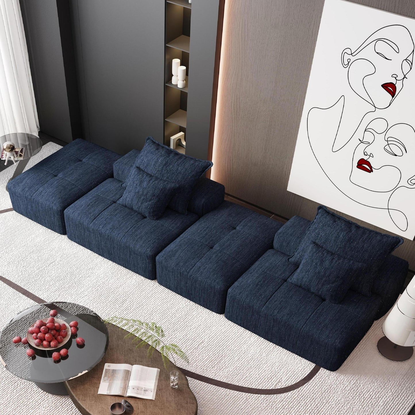 Divano componibile moderno in ciniglia di grandi dimensioni con 2 pouf e 2 posti, 4 cuscini per soggiorno