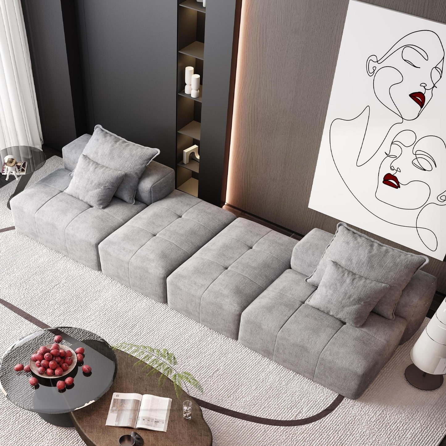 Divano componibile moderno in ciniglia di grandi dimensioni con 2 pouf e 2 posti, 4 cuscini per soggiorno