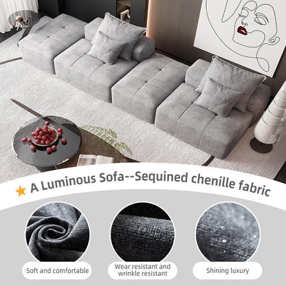 Divano componibile moderno in ciniglia di grandi dimensioni con 2 pouf e 2 posti, 4 cuscini per soggiorno