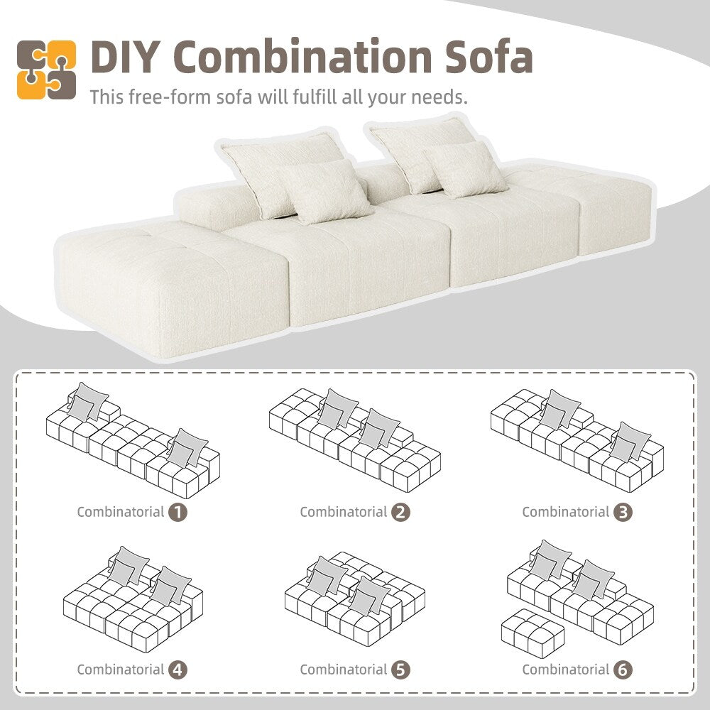 Divano componibile moderno in ciniglia di grandi dimensioni con 2 pouf e 2 posti, 4 cuscini per soggiorno