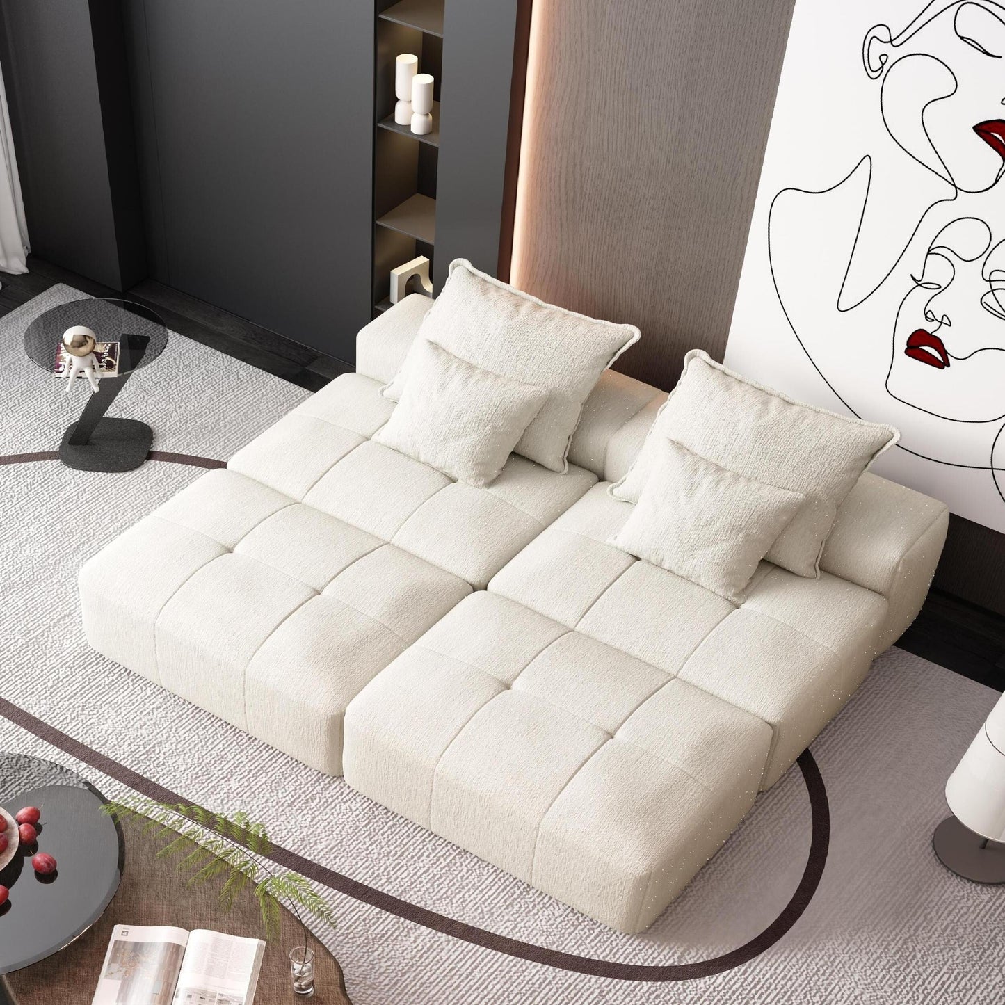 Divano componibile moderno in ciniglia di grandi dimensioni con 2 pouf e 2 posti, 4 cuscini per soggiorno