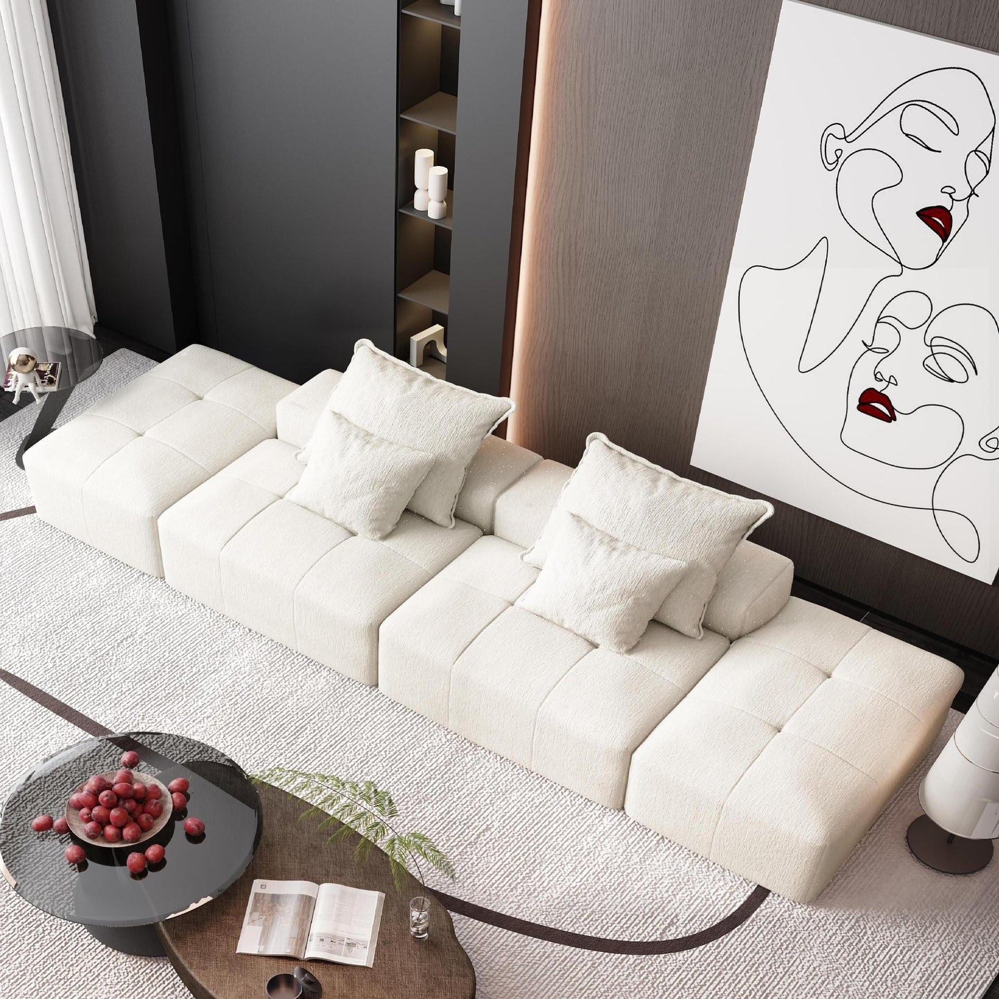 Divano componibile moderno in ciniglia di grandi dimensioni con 2 pouf e 2 posti, 4 cuscini per soggiorno