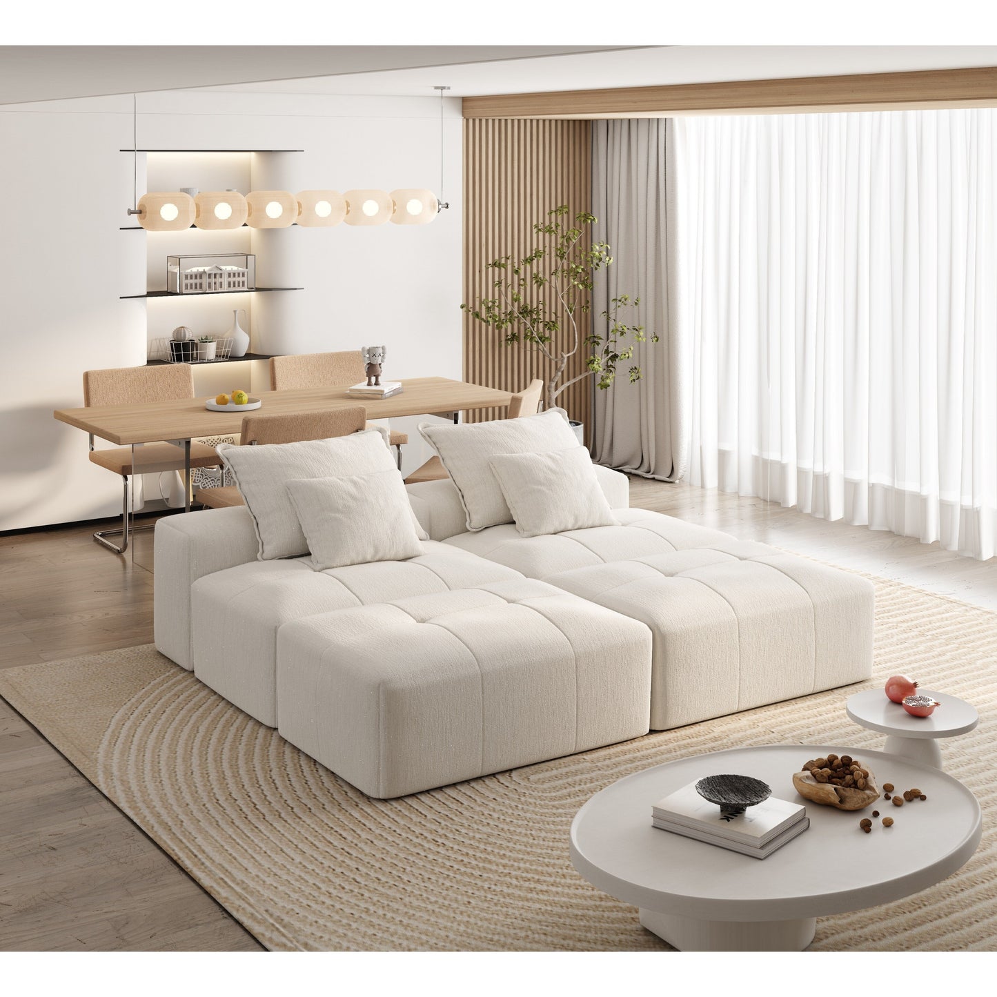 Divano componibile moderno in ciniglia di grandi dimensioni con 2 pouf e 2 posti, 4 cuscini per soggiorno