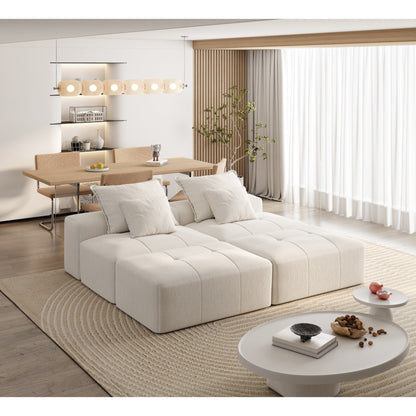 Divano componibile moderno in ciniglia di grandi dimensioni con 2 pouf e 2 posti, 4 cuscini per soggiorno