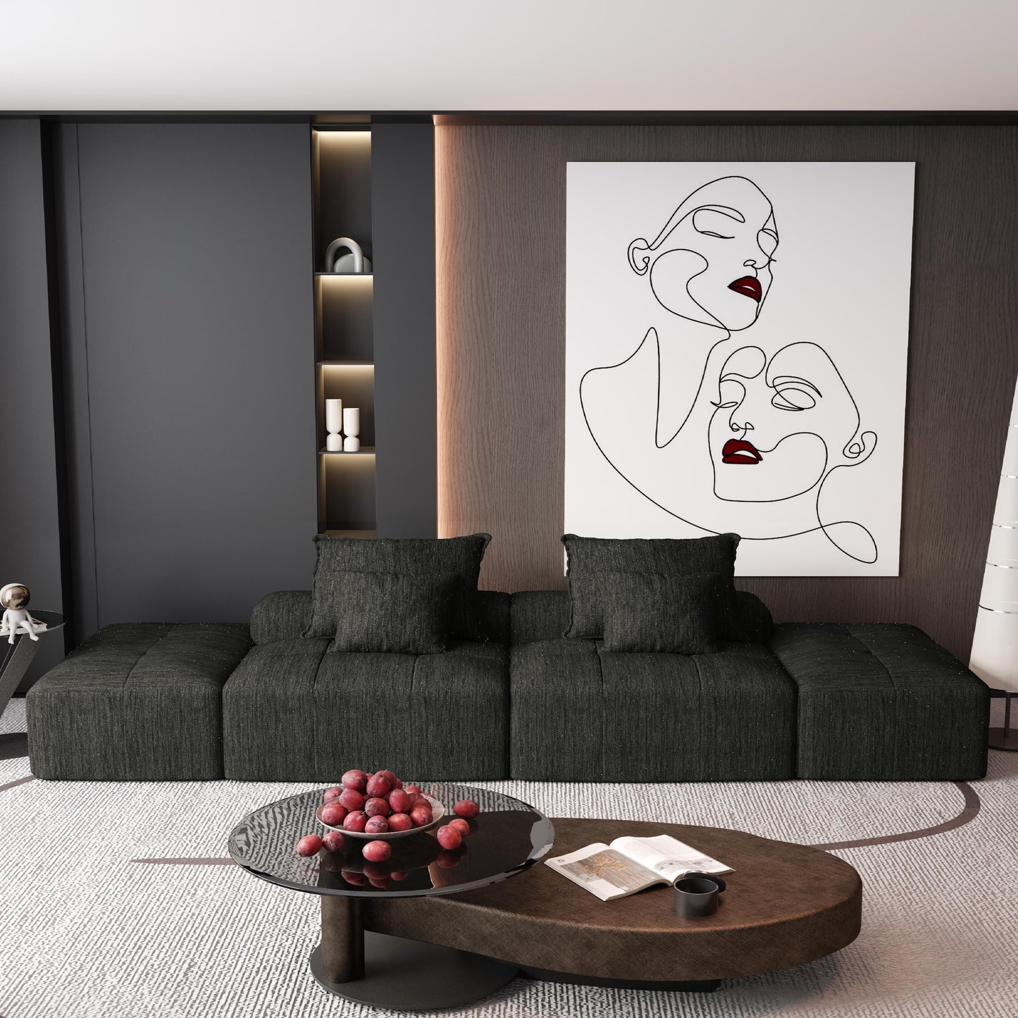 Divano componibile moderno in ciniglia di grandi dimensioni con 2 pouf e 2 posti, 4 cuscini per soggiorno