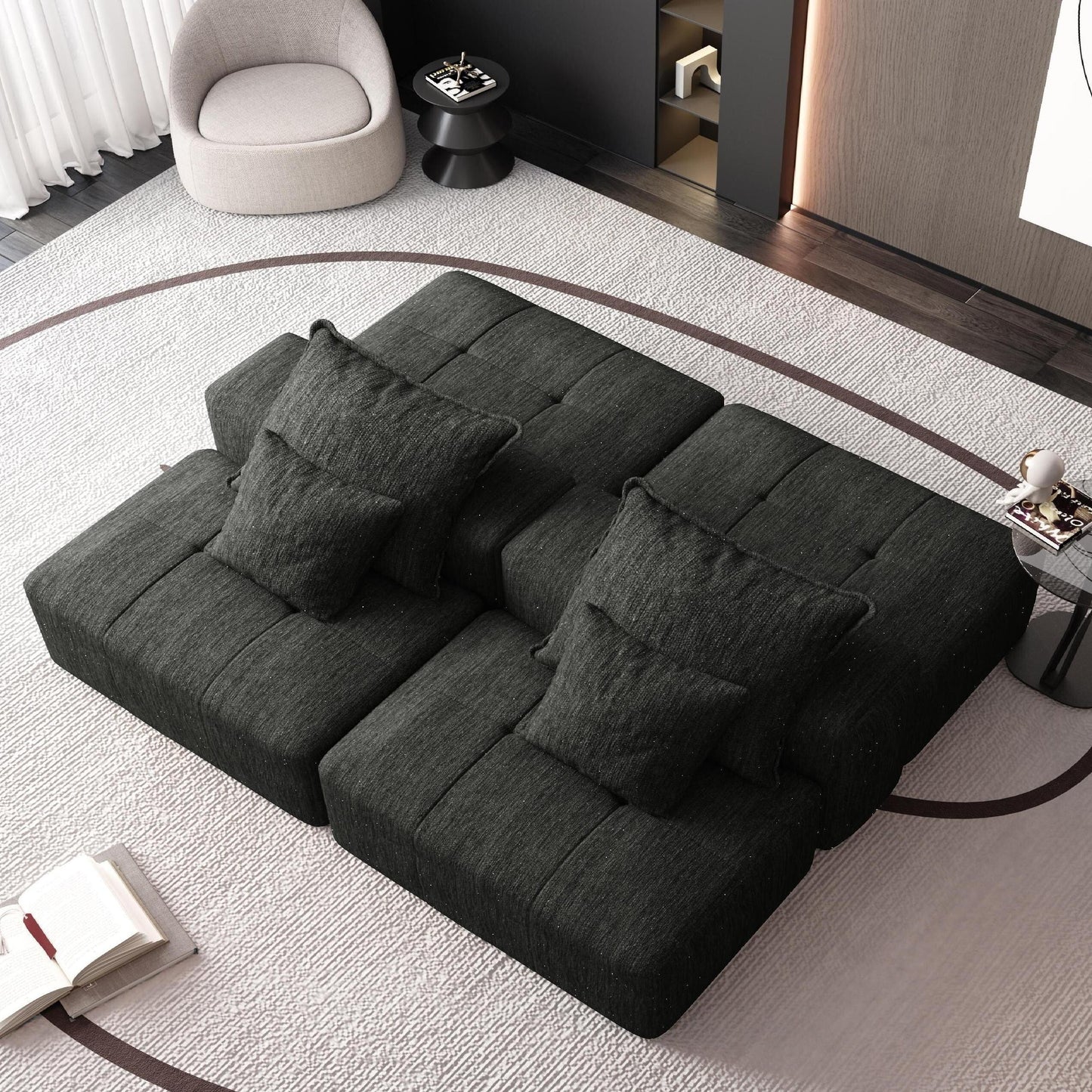 Divano componibile moderno in ciniglia di grandi dimensioni con 2 pouf e 2 posti, 4 cuscini per soggiorno