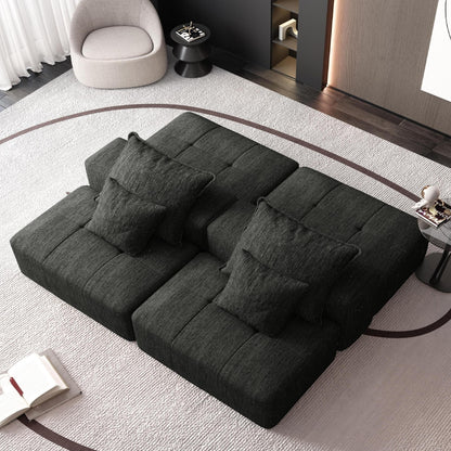 Divano componibile moderno in ciniglia di grandi dimensioni con 2 pouf e 2 posti, 4 cuscini per soggiorno