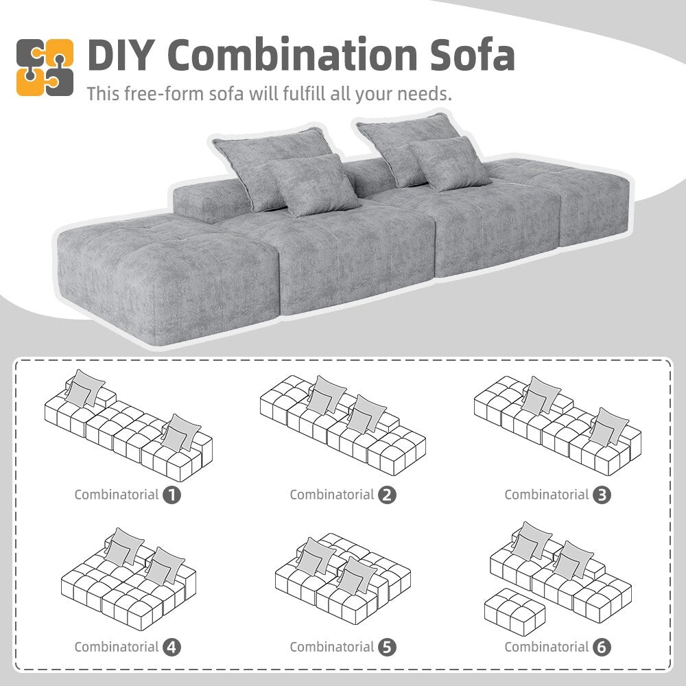 Divano componibile moderno in ciniglia di grandi dimensioni con 2 pouf e 2 posti, 4 cuscini per soggiorno