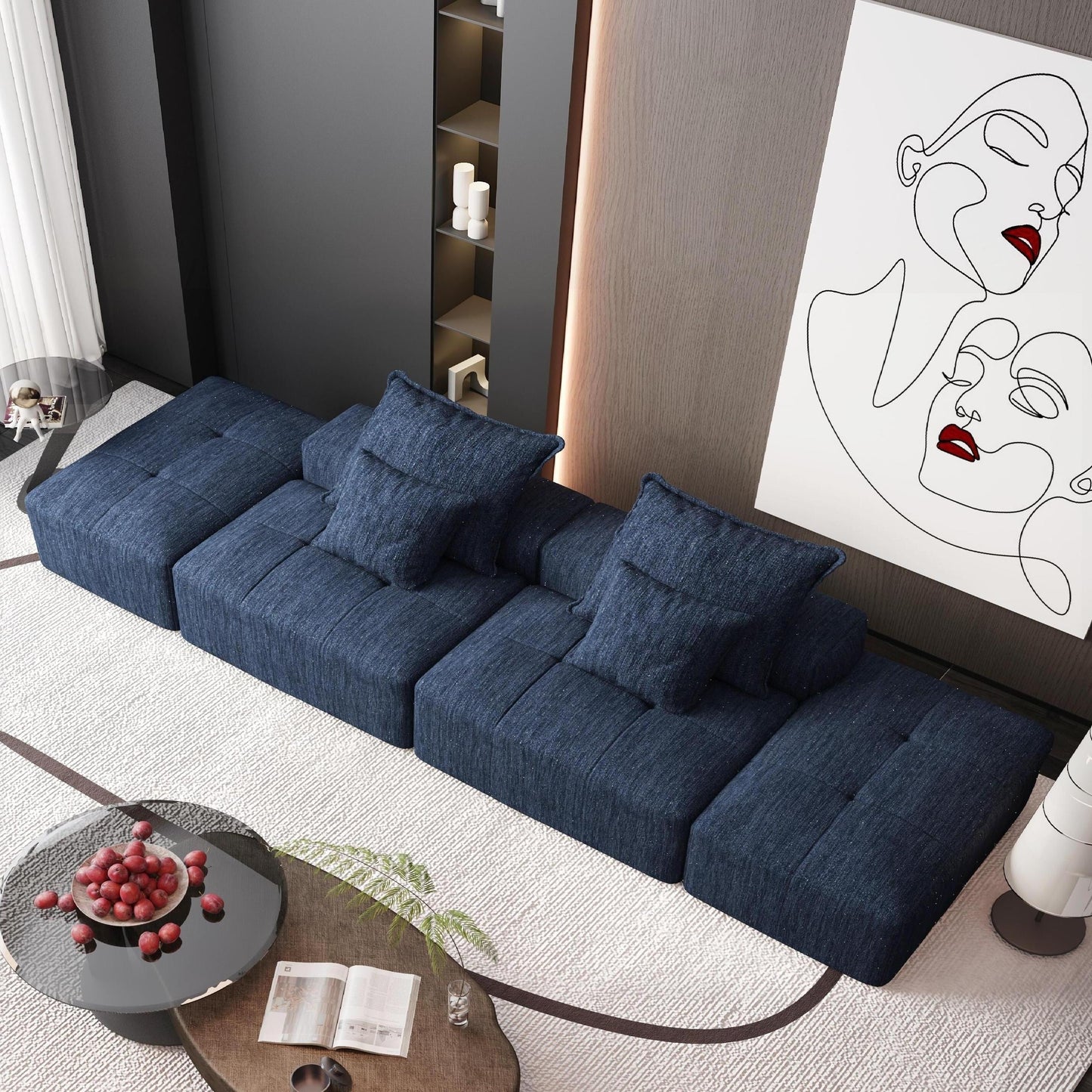 Divano componibile moderno in ciniglia di grandi dimensioni con 2 pouf e 2 posti, 4 cuscini per soggiorno