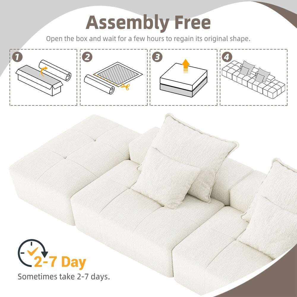 Divano componibile moderno in ciniglia di grandi dimensioni con 2 pouf e 2 posti, 4 cuscini per soggiorno