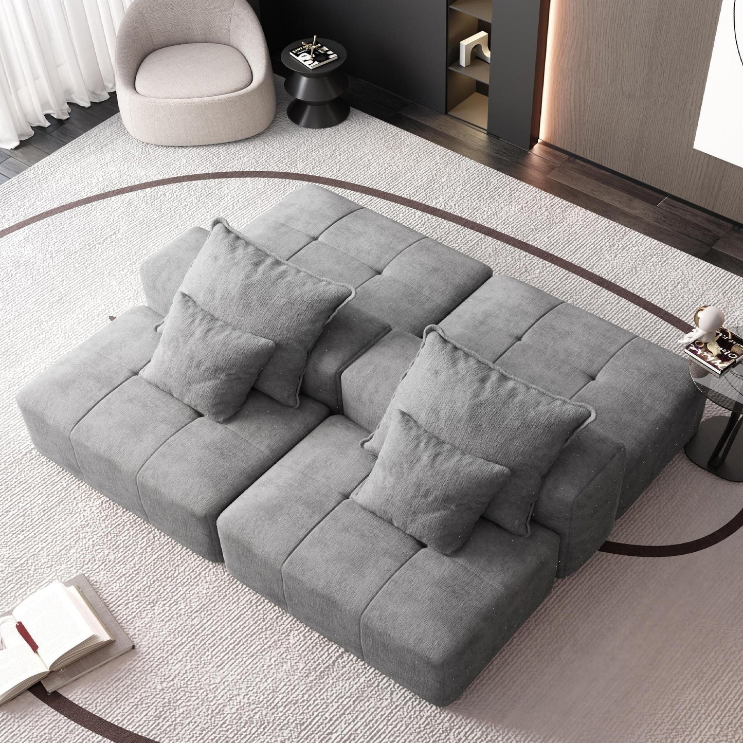 Divano componibile moderno in ciniglia di grandi dimensioni con 2 pouf e 2 posti, 4 cuscini per soggiorno