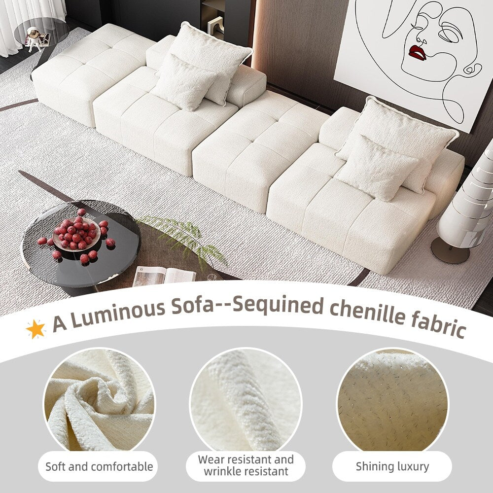 Divano componibile moderno in ciniglia di grandi dimensioni con 2 pouf e 2 posti, 4 cuscini per soggiorno