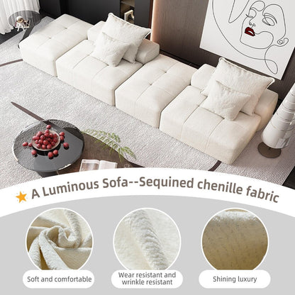 Divano componibile moderno in ciniglia di grandi dimensioni con 2 pouf e 2 posti, 4 cuscini per soggiorno