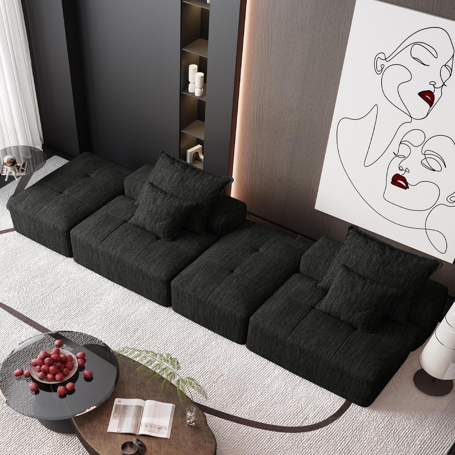 Divano componibile moderno in ciniglia di grandi dimensioni con 2 pouf e 2 posti, 4 cuscini per soggiorno