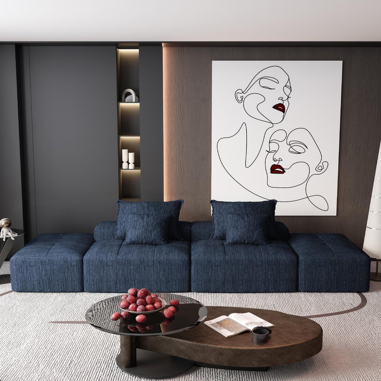 Divano componibile moderno in ciniglia di grandi dimensioni con 2 pouf e 2 posti, 4 cuscini per soggiorno