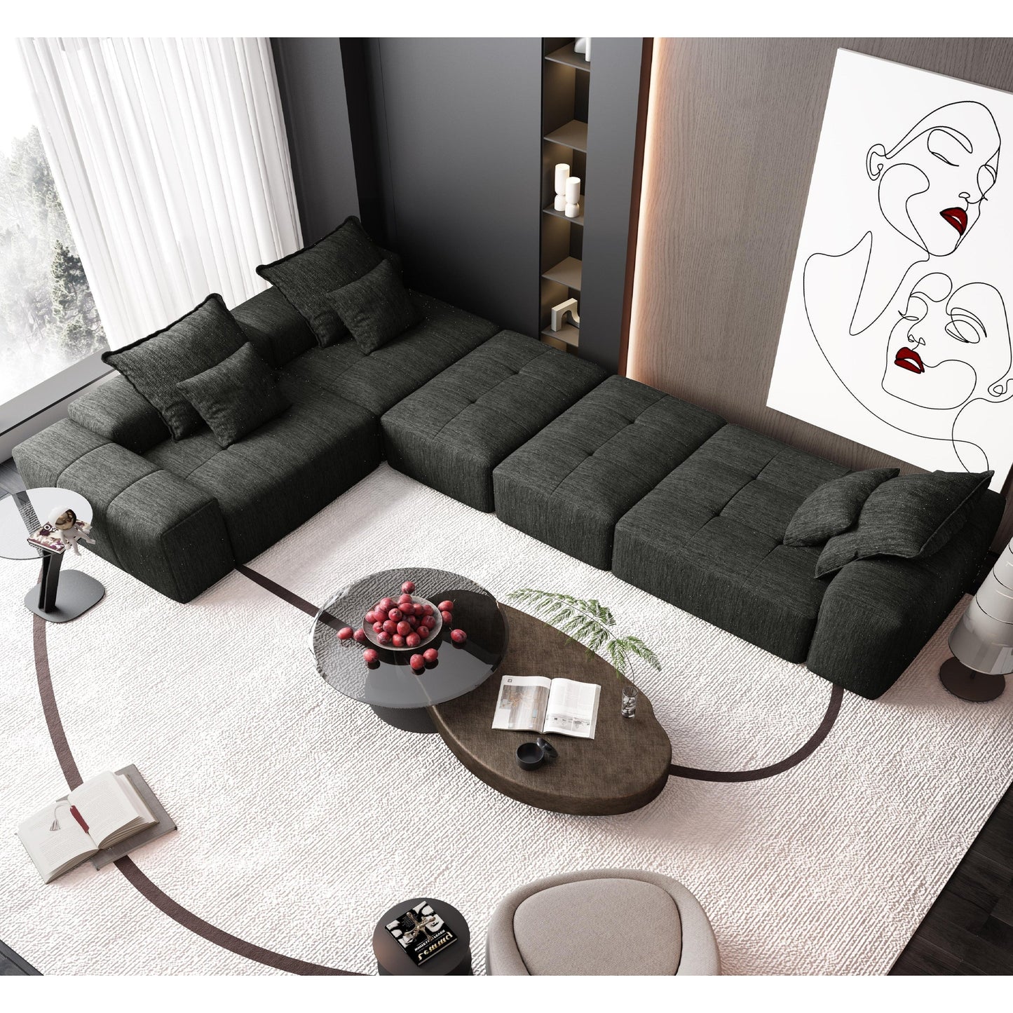 Divano componibile moderno in ciniglia di grandi dimensioni con cuscini e 6 cuscini per soggiorno