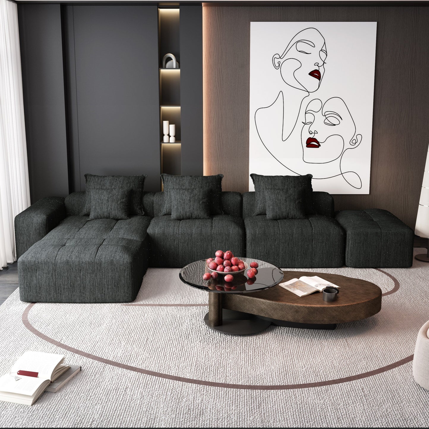 Divano componibile moderno in ciniglia di grandi dimensioni con cuscini e 6 cuscini per soggiorno