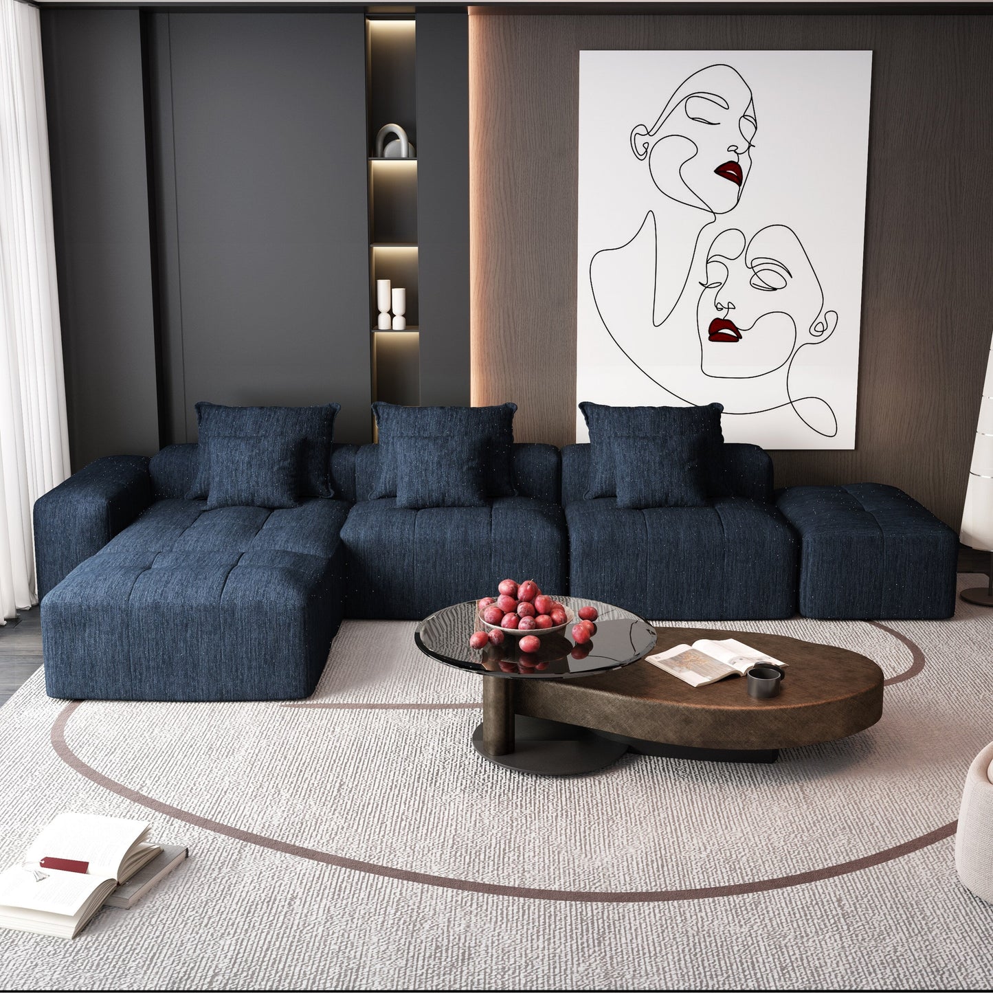 Divano componibile moderno in ciniglia di grandi dimensioni con cuscini e 6 cuscini per soggiorno