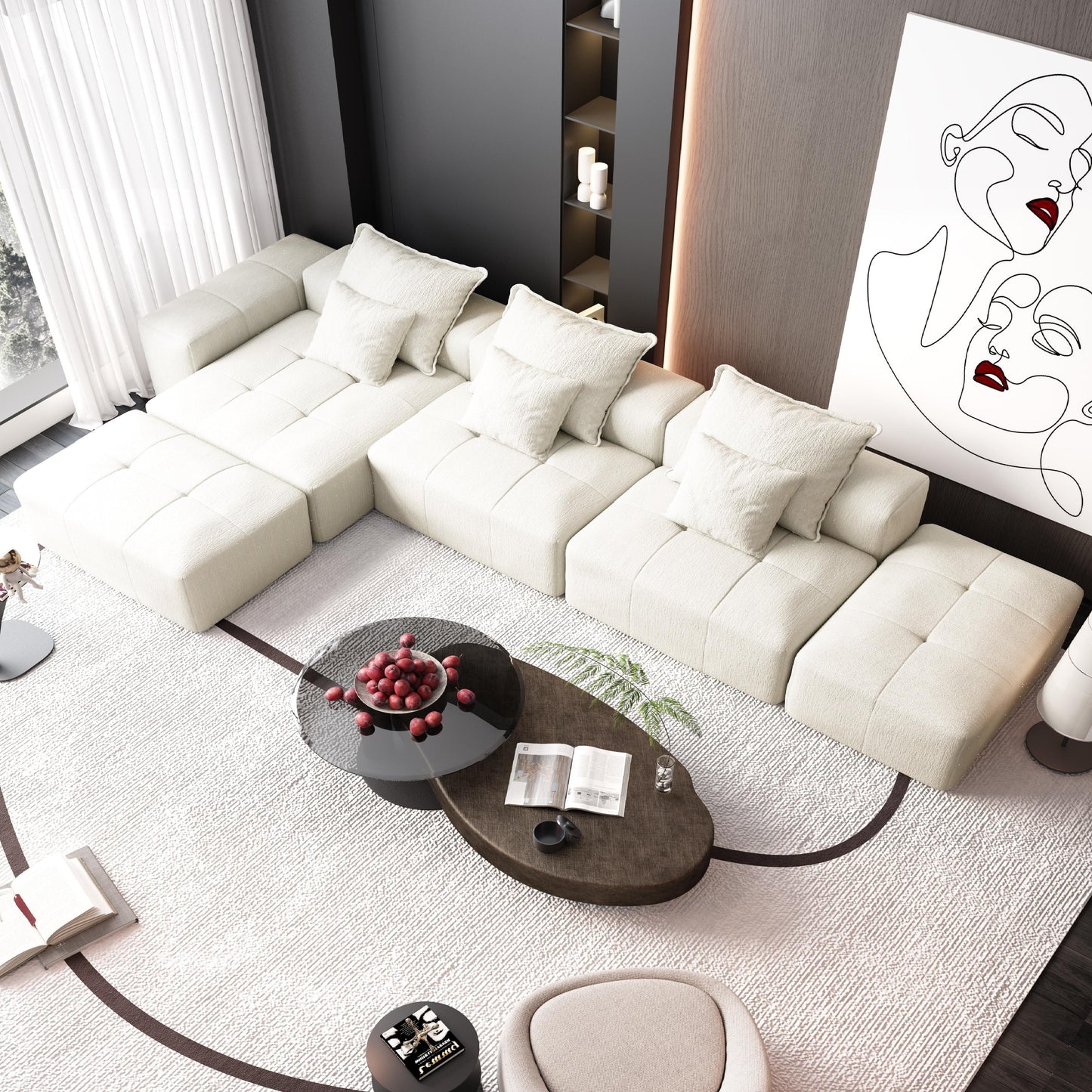 Divano componibile moderno in ciniglia di grandi dimensioni con cuscini e 6 cuscini per soggiorno