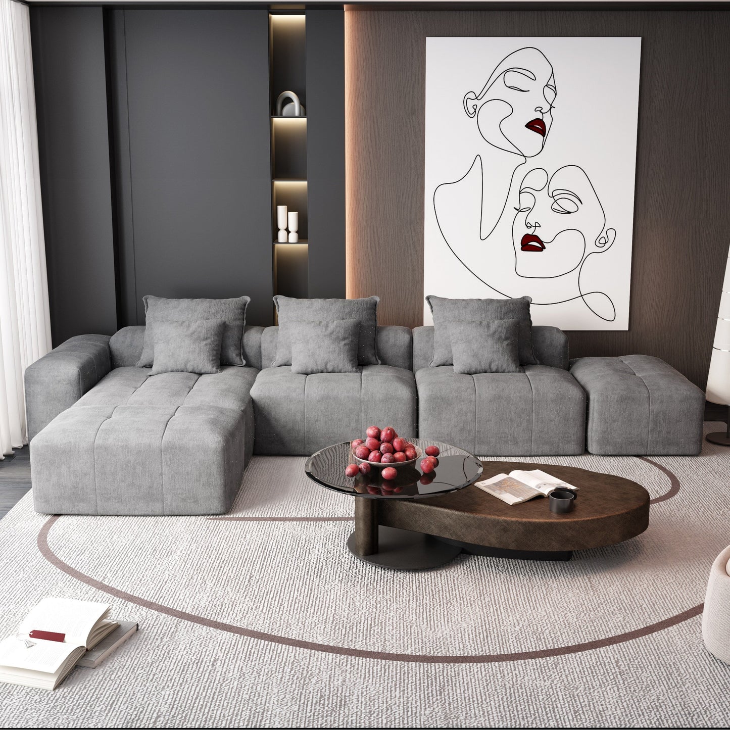 Divano componibile moderno in ciniglia di grandi dimensioni con cuscini e 6 cuscini per soggiorno