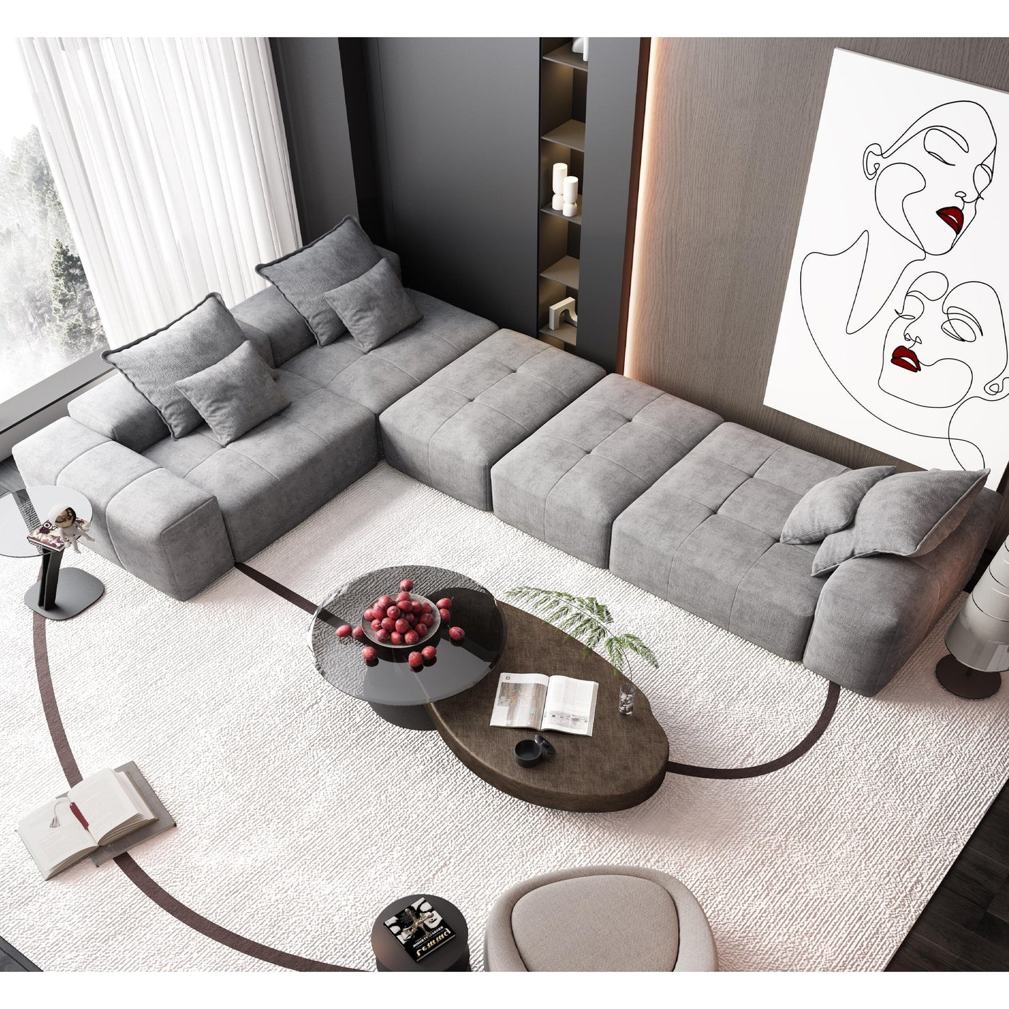 Divano componibile moderno in ciniglia di grandi dimensioni con cuscini e 6 cuscini per soggiorno