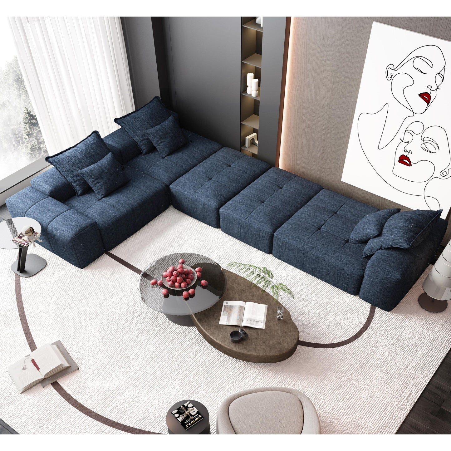 Divano componibile moderno in ciniglia di grandi dimensioni con cuscini e 6 cuscini per soggiorno