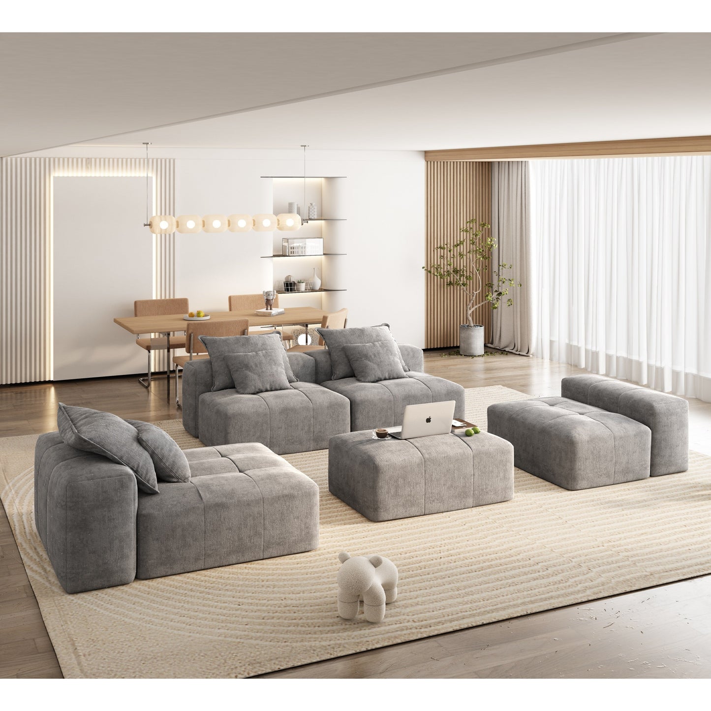 Divano componibile moderno in ciniglia di grandi dimensioni con cuscini e 6 cuscini per soggiorno