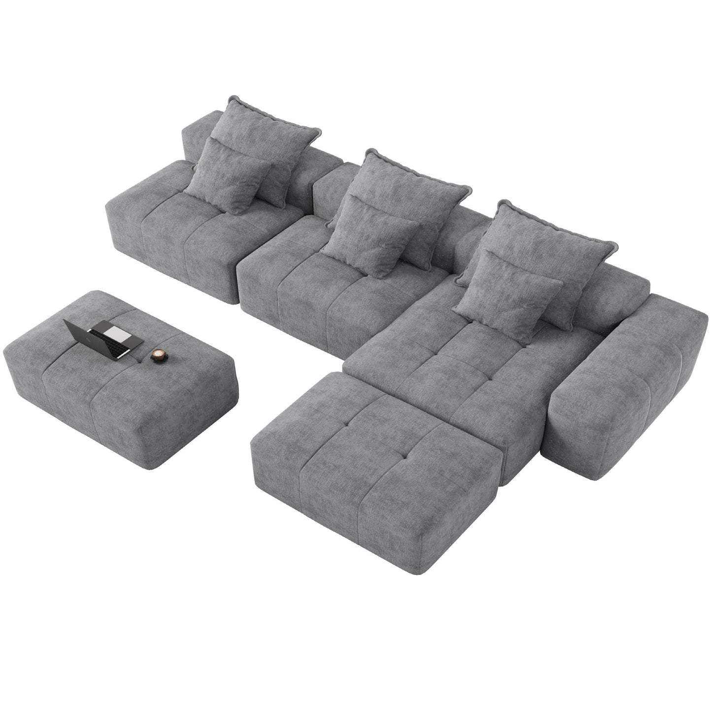 Divano componibile moderno in ciniglia di grandi dimensioni con cuscini e 6 cuscini per soggiorno