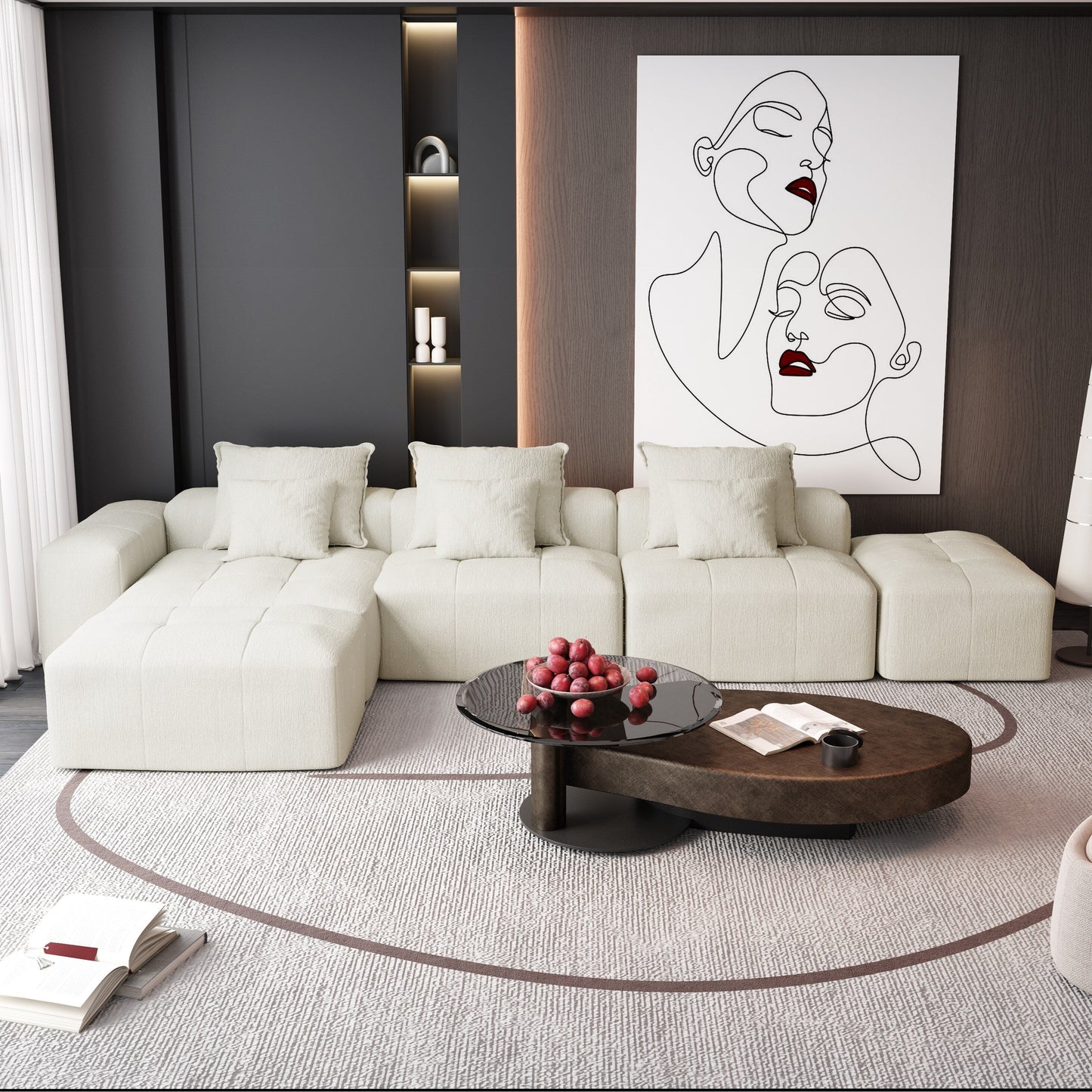 Divano componibile moderno in ciniglia di grandi dimensioni con cuscini e 6 cuscini per soggiorno