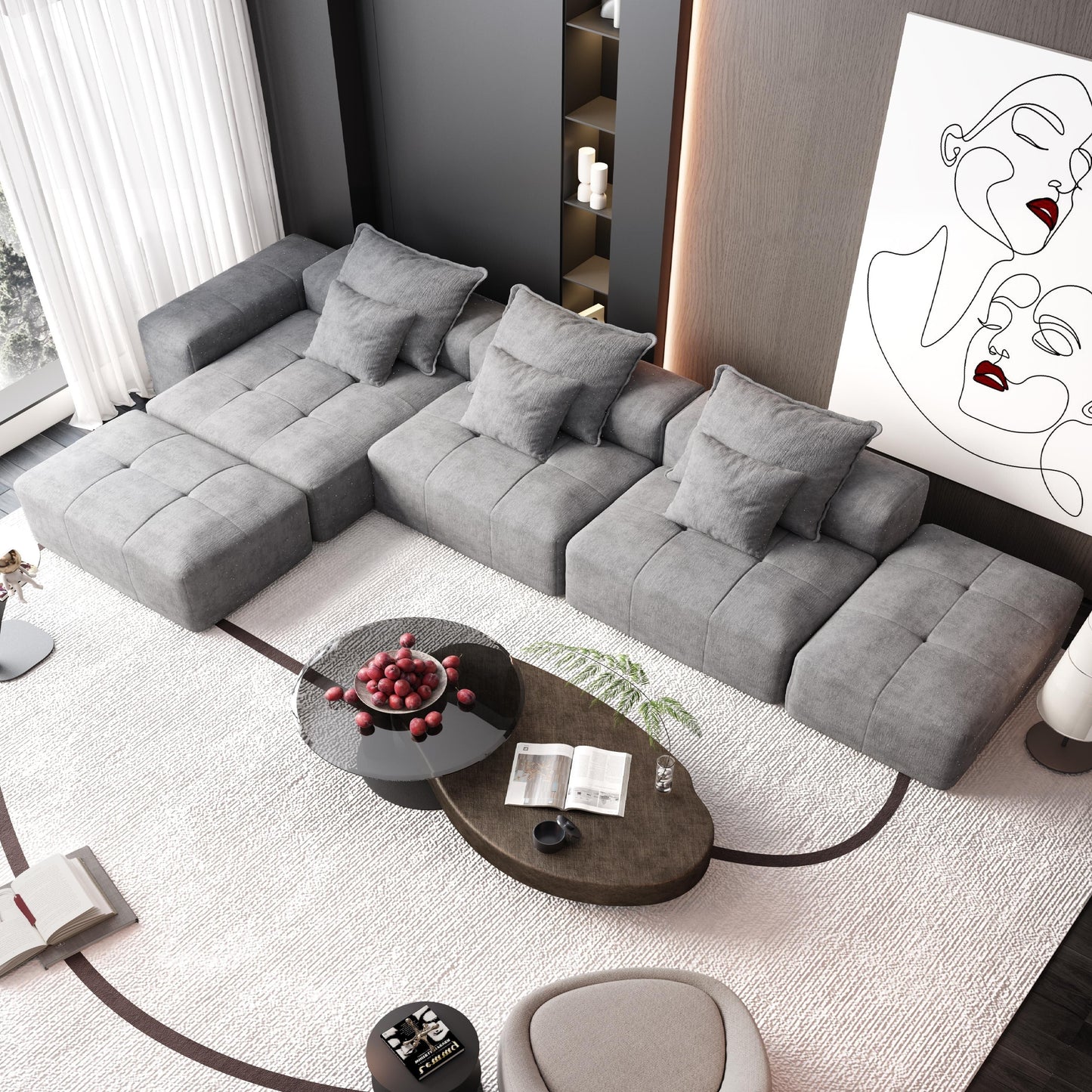 Divano componibile moderno in ciniglia di grandi dimensioni con cuscini e 6 cuscini per soggiorno