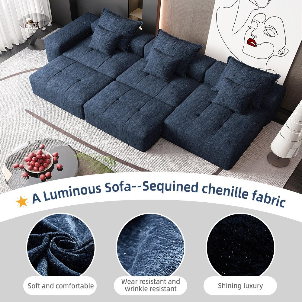 Divano componibile moderno in ciniglia di grandi dimensioni con cuscini e 6 cuscini per soggiorno