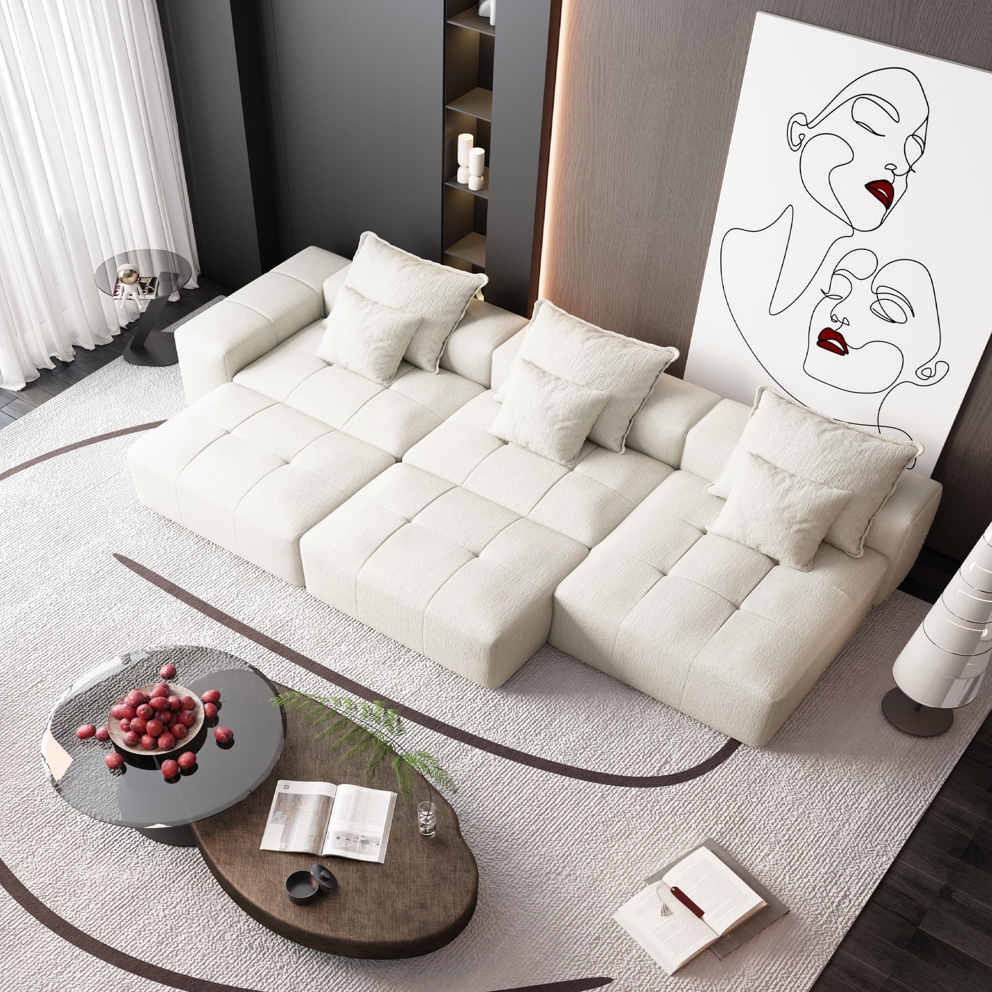 Divano componibile moderno in ciniglia di grandi dimensioni con cuscini e 6 cuscini per soggiorno