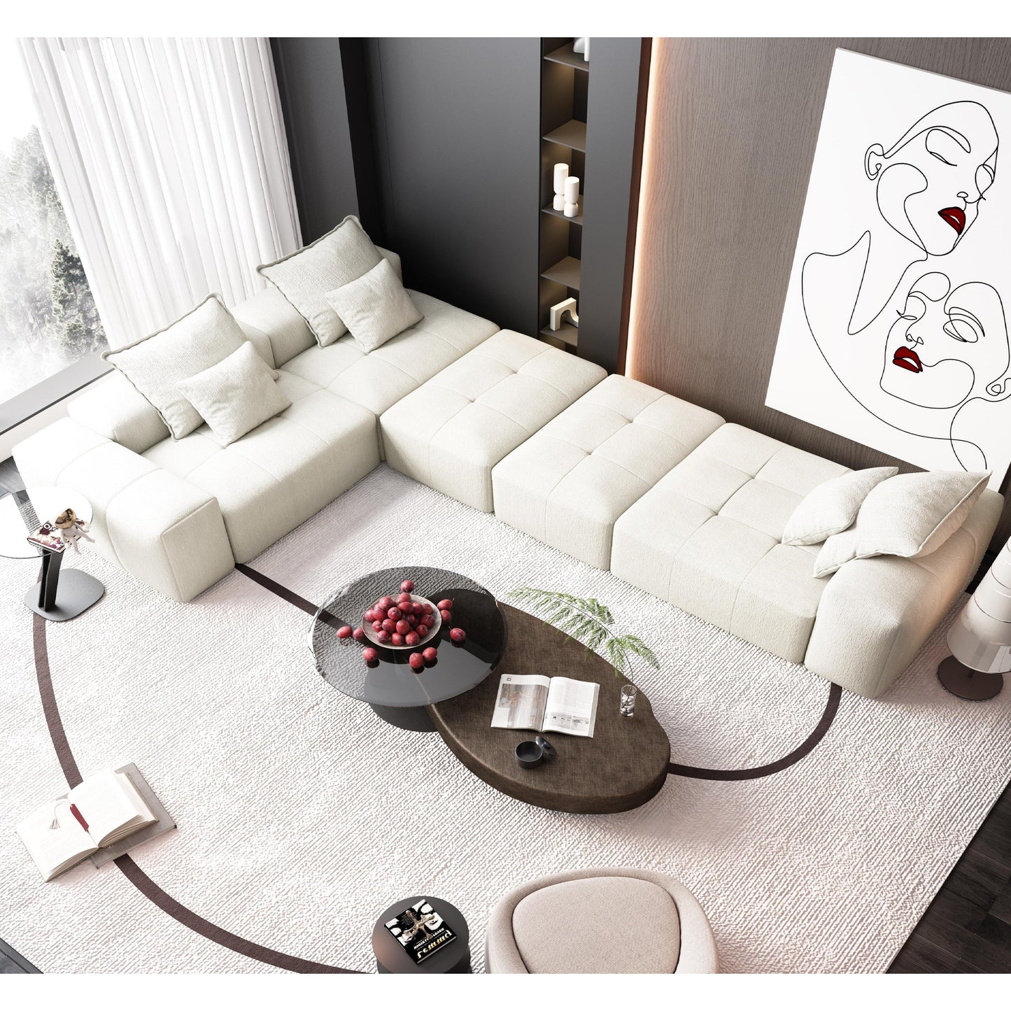 Divano componibile moderno in ciniglia di grandi dimensioni con cuscini e 6 cuscini per soggiorno