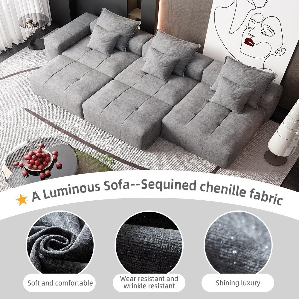 Divano componibile moderno in ciniglia di grandi dimensioni con cuscini e 6 cuscini per soggiorno